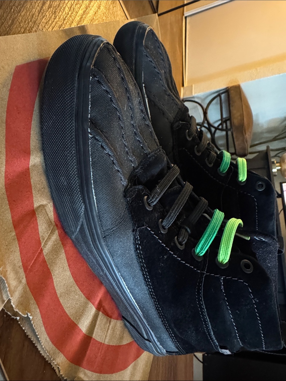 Vans Black High-Top Sneakers with Neon Green Lace Accents